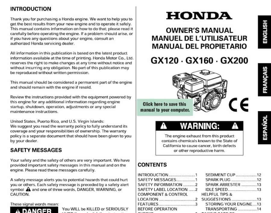 Honda GX120 GX160 GX200 Operator Manual