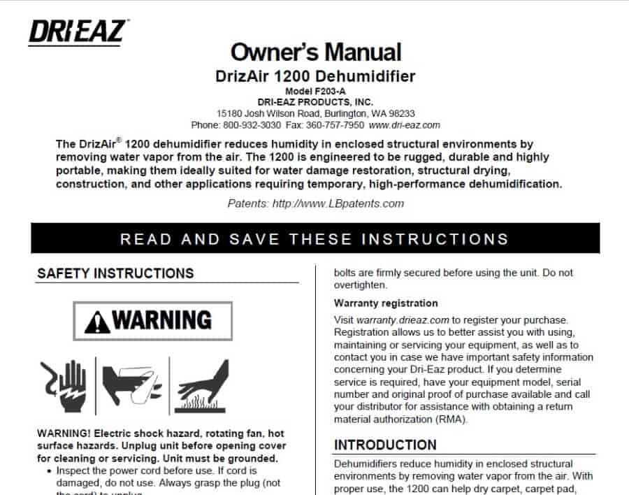 Dri-Eaz 1200 Dehumidifier Manual